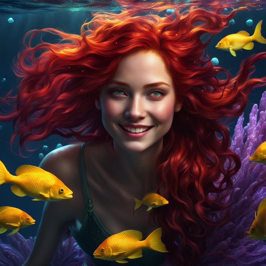 Red-Haired Mermaid Smiling Underwater: Dark Fantasy Art