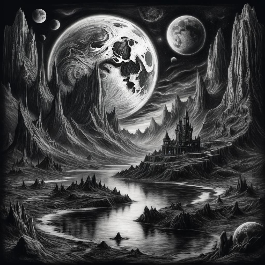 Vampire Planet in Mythical Realm: Charcoal Drawing