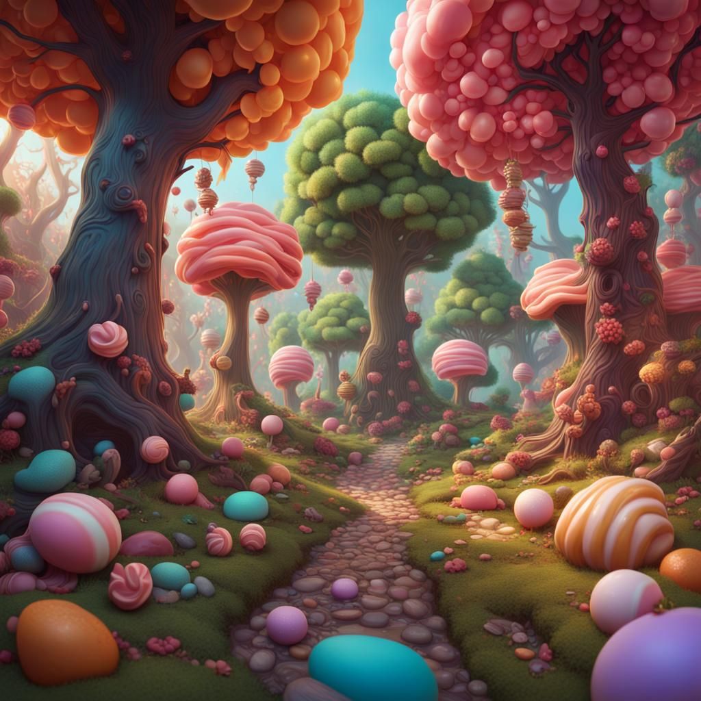 Whimsical Candy Forest with Hybrid Animals