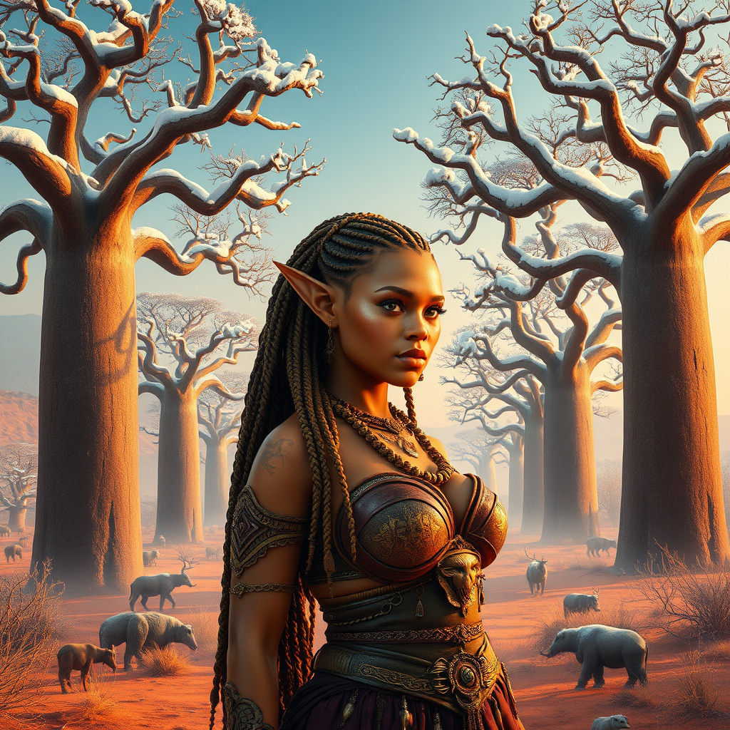 African Elf in Snowy Savannah, Digital Matte Painting
