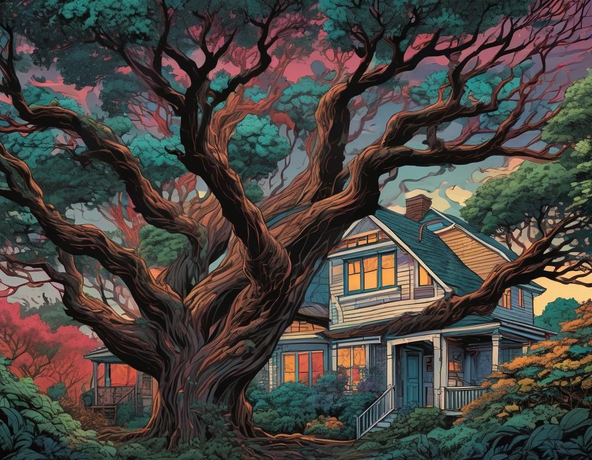 Vibrant Tree Crowns Cozy Home in Retro Comic Style