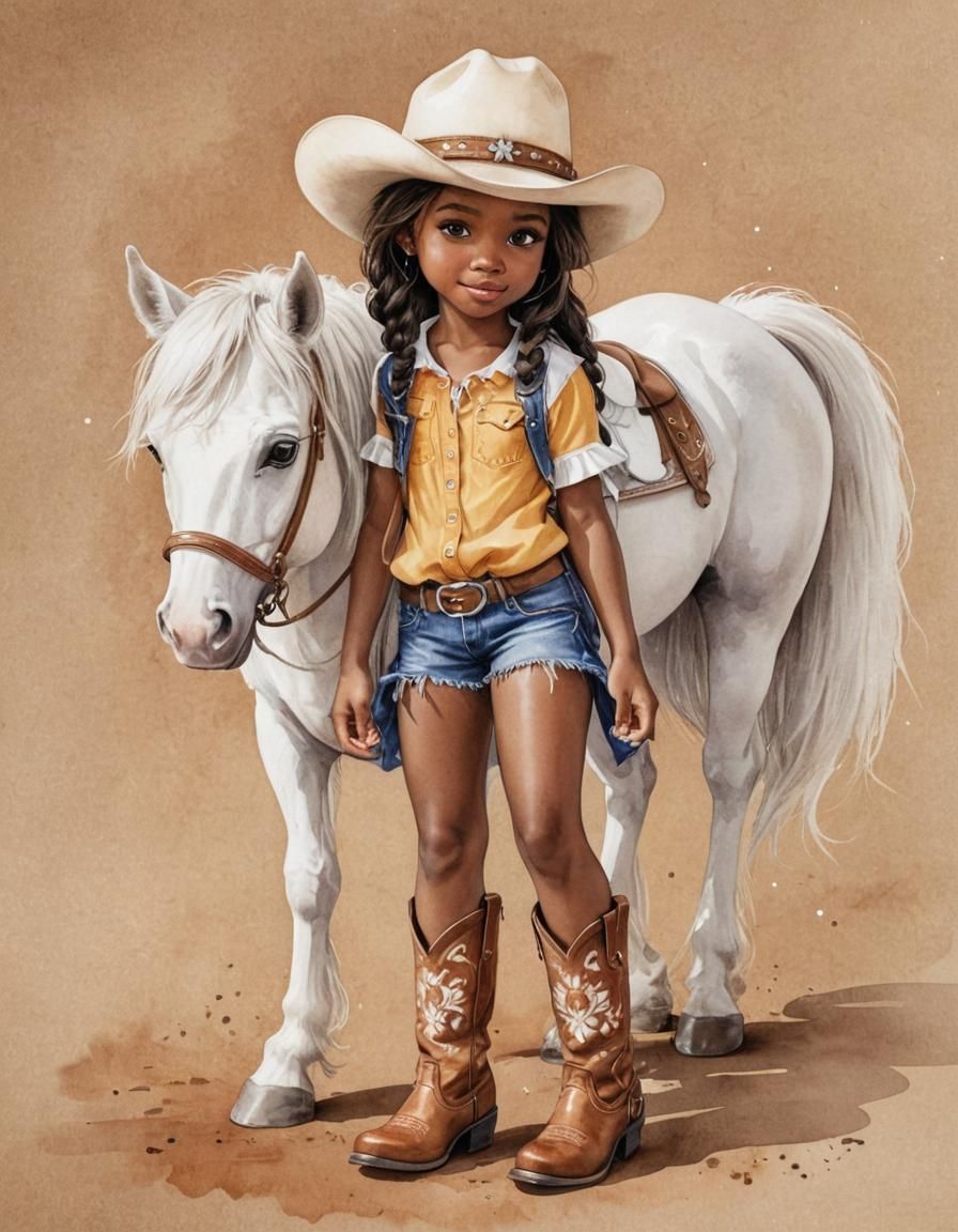 Watercolor Illustration: Melanin Girl on White Pony