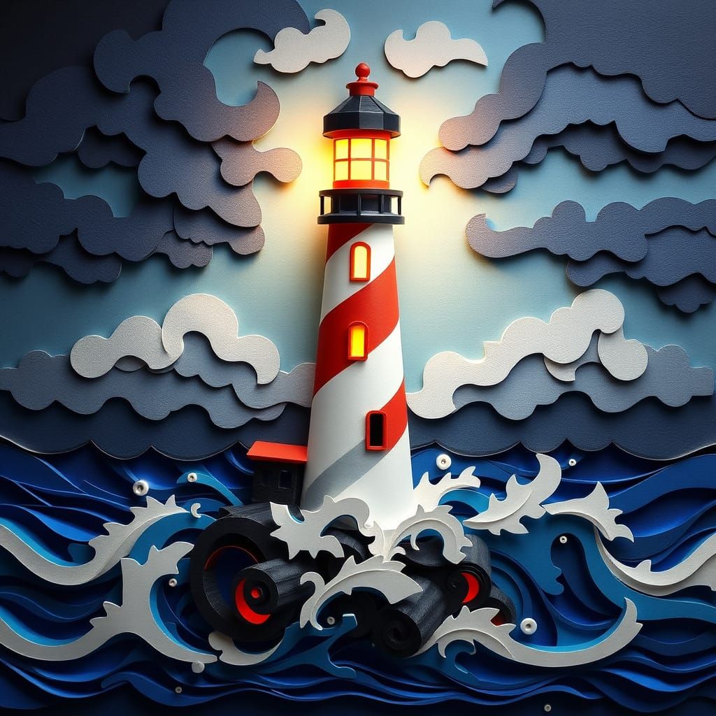 Lighthouse Illuminates Stormy Papercraft Sea