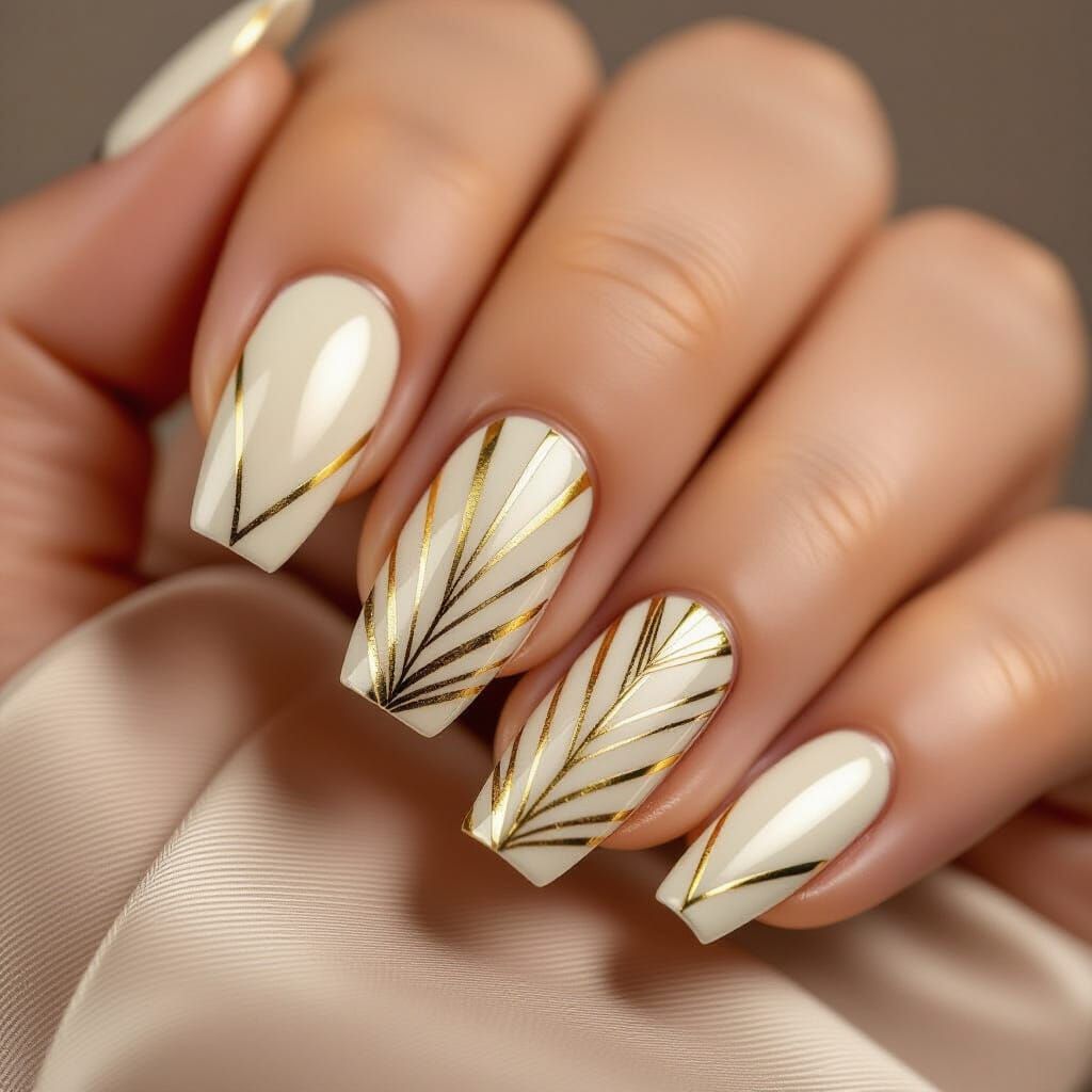Art Deco Nail Design: Ivory Gold Geometric Symmetry