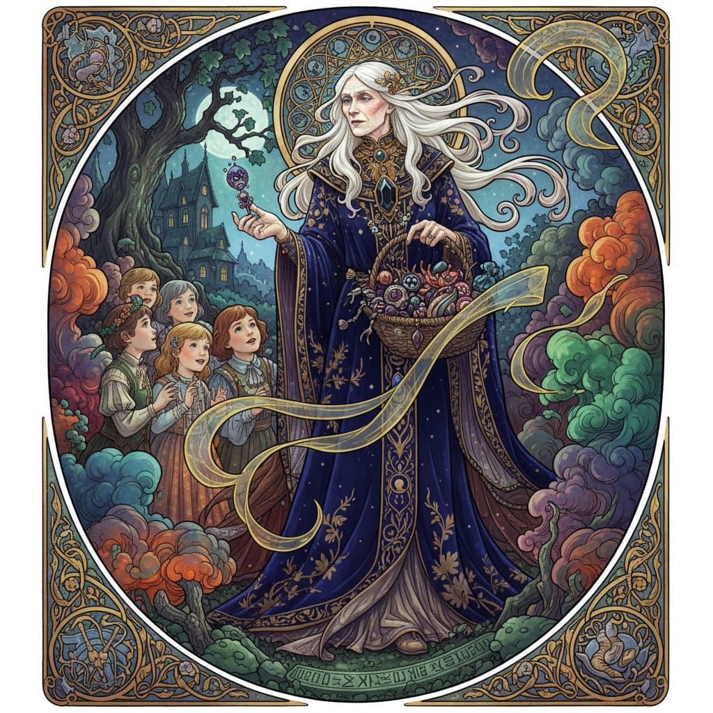 Enchanting Witch Dispenses Cursed Candy in Art Nouveau Fanta...