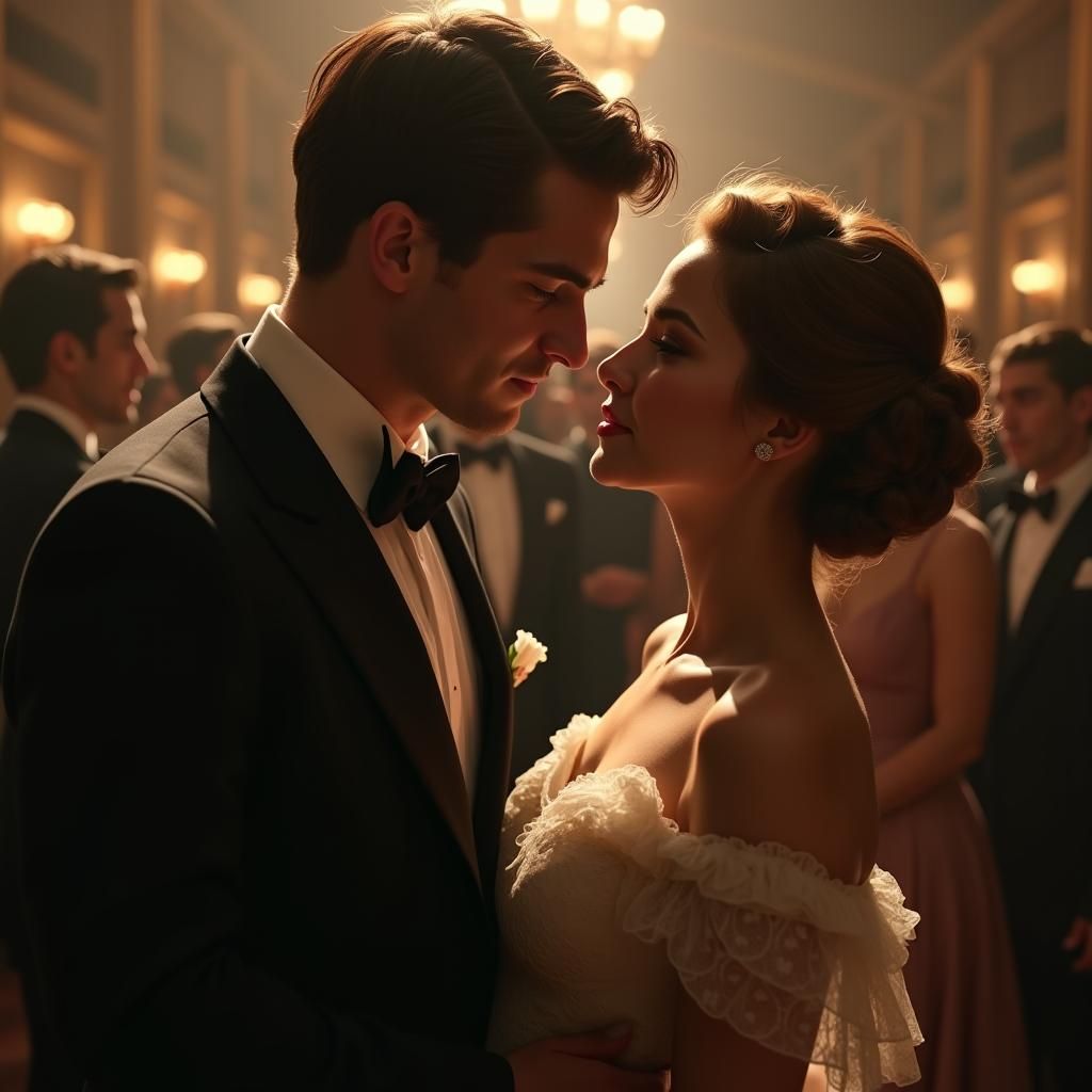 Longing Glance in Muted Ballroom: Vintage Romance