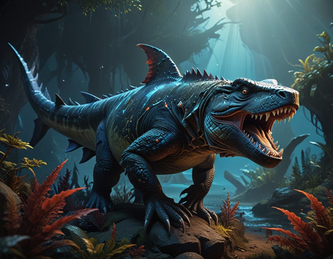 Majestic Shark with Komodo Dragon Feet in Splashing Ocean