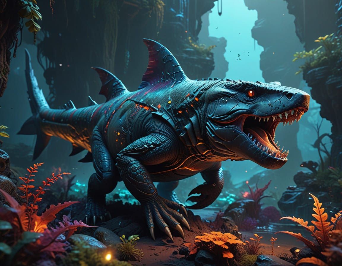 Cyberpunk Shark Emerges from Futuristic Depths