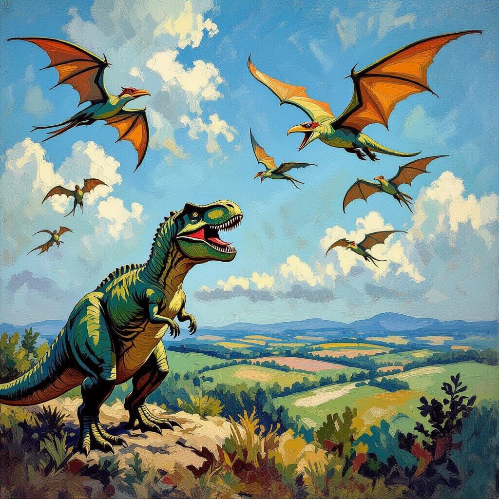 Tyrannosaurus Rex in Jurassic Landscape, Neo-Impressionist S...