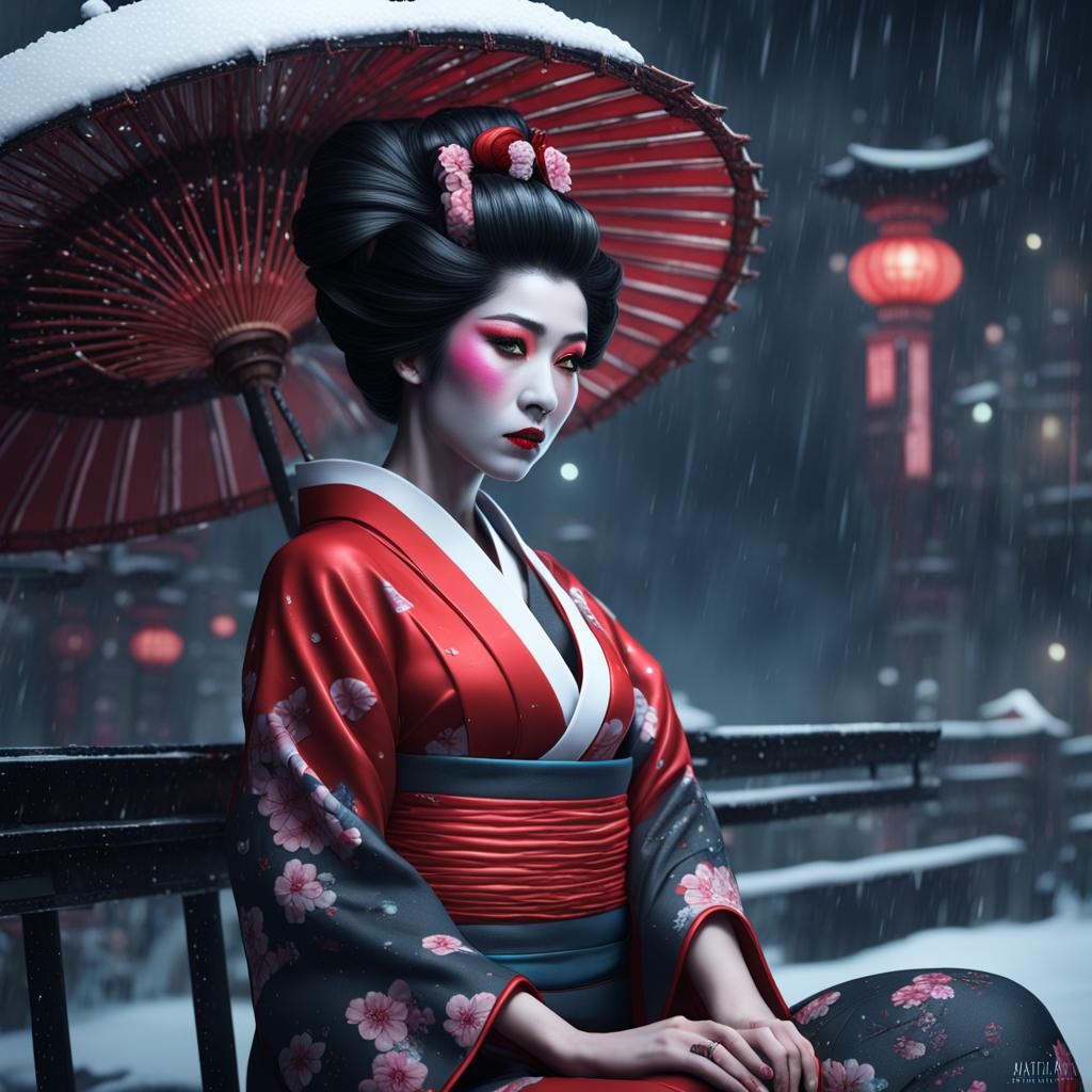 Geisha in Neon Cityscape Concept Art
