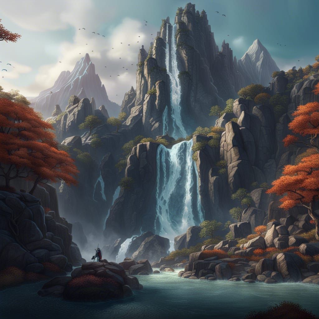 Fantasy Waterfall Scene with Sword in Rock