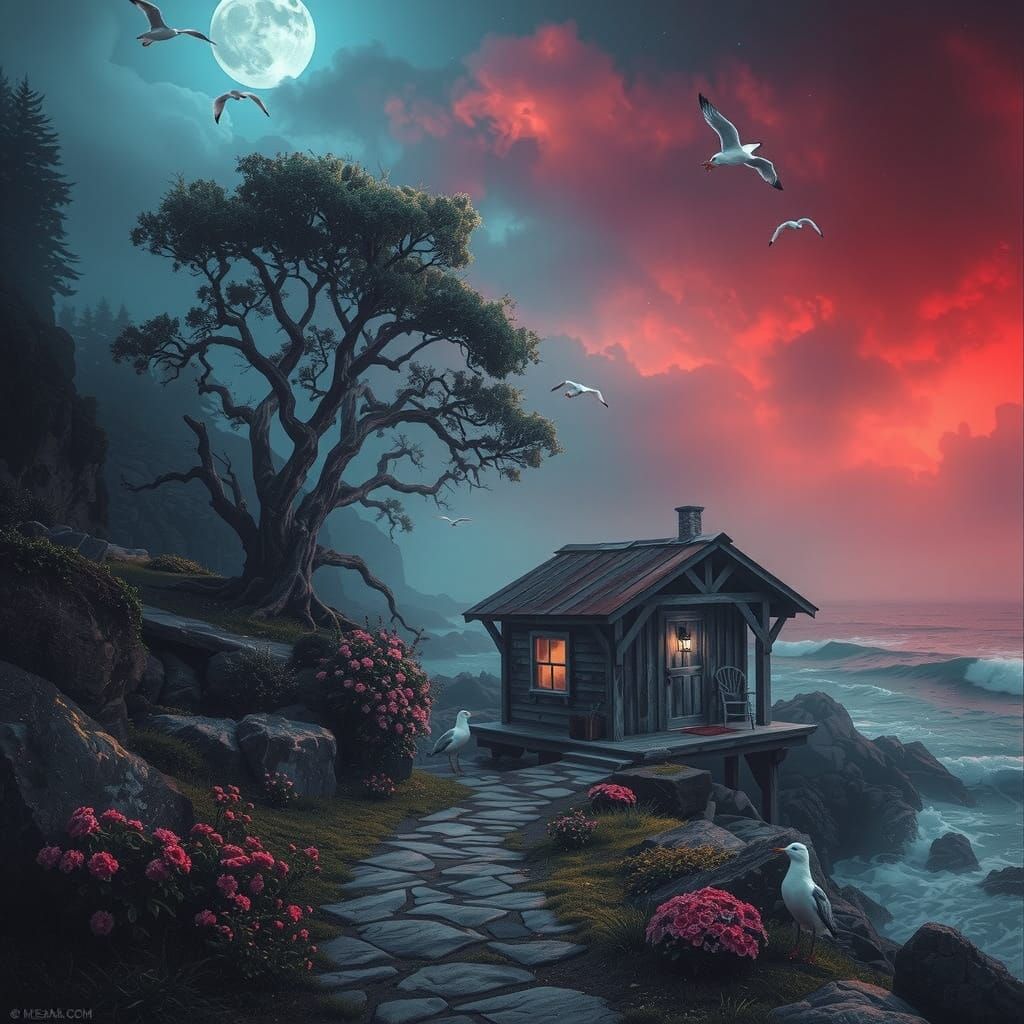 Gritty Coastal Cottage Amidst Dark Skies