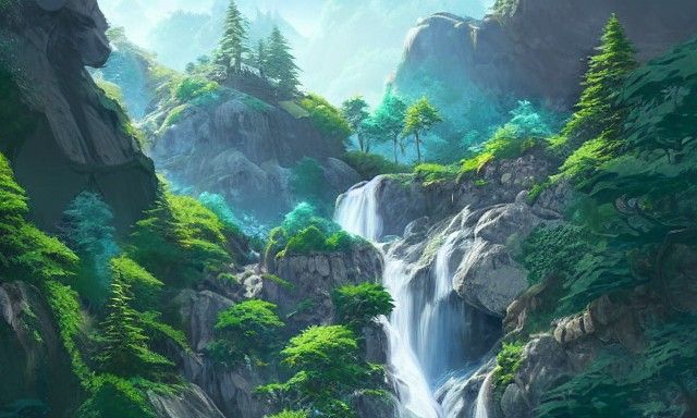 Cascading Waterfall Anime Concept Art