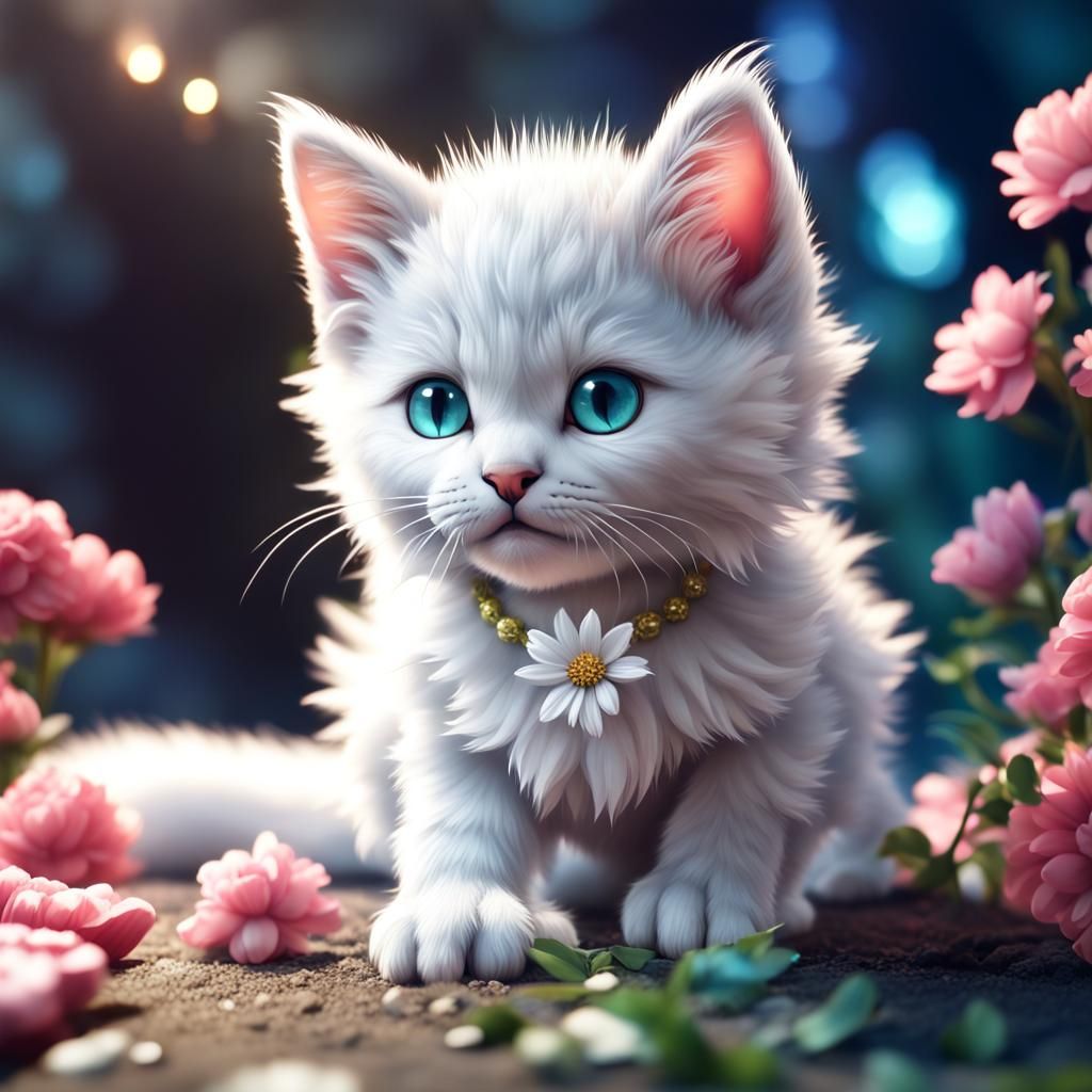 Adorable Kitten with Flower Crown, Realistic Digital Art