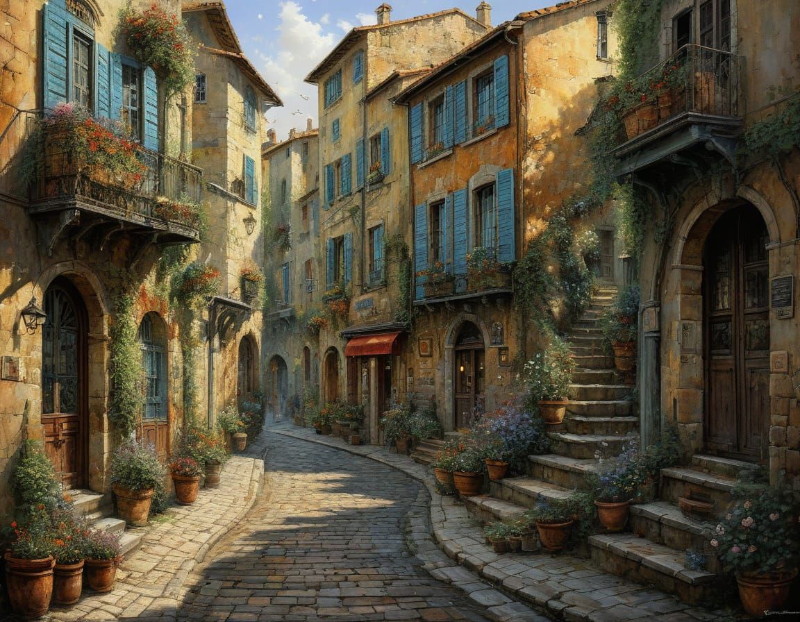 Vibrant Oil Painting of Casole d'Elsa Pedestrian Way