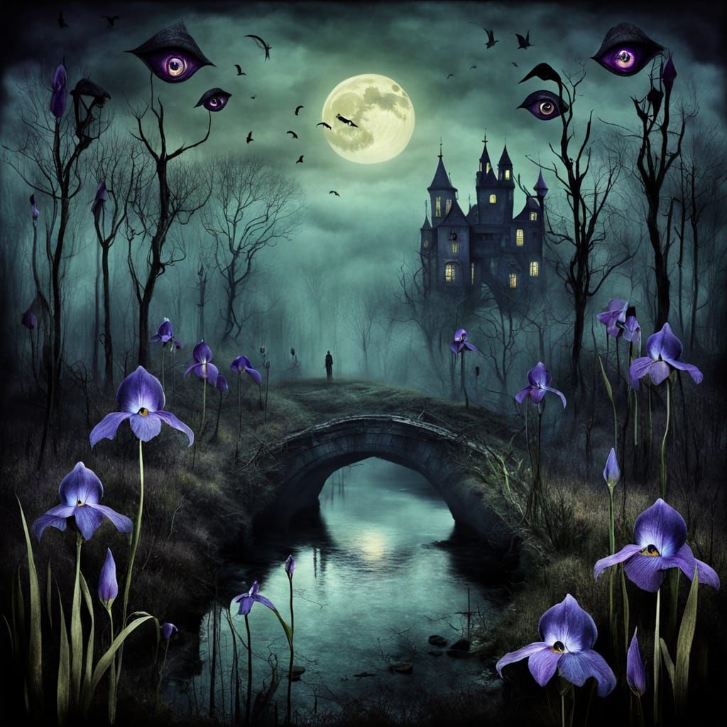 Dark Fantasy Landscape with Giant Eyes in Gothic Style