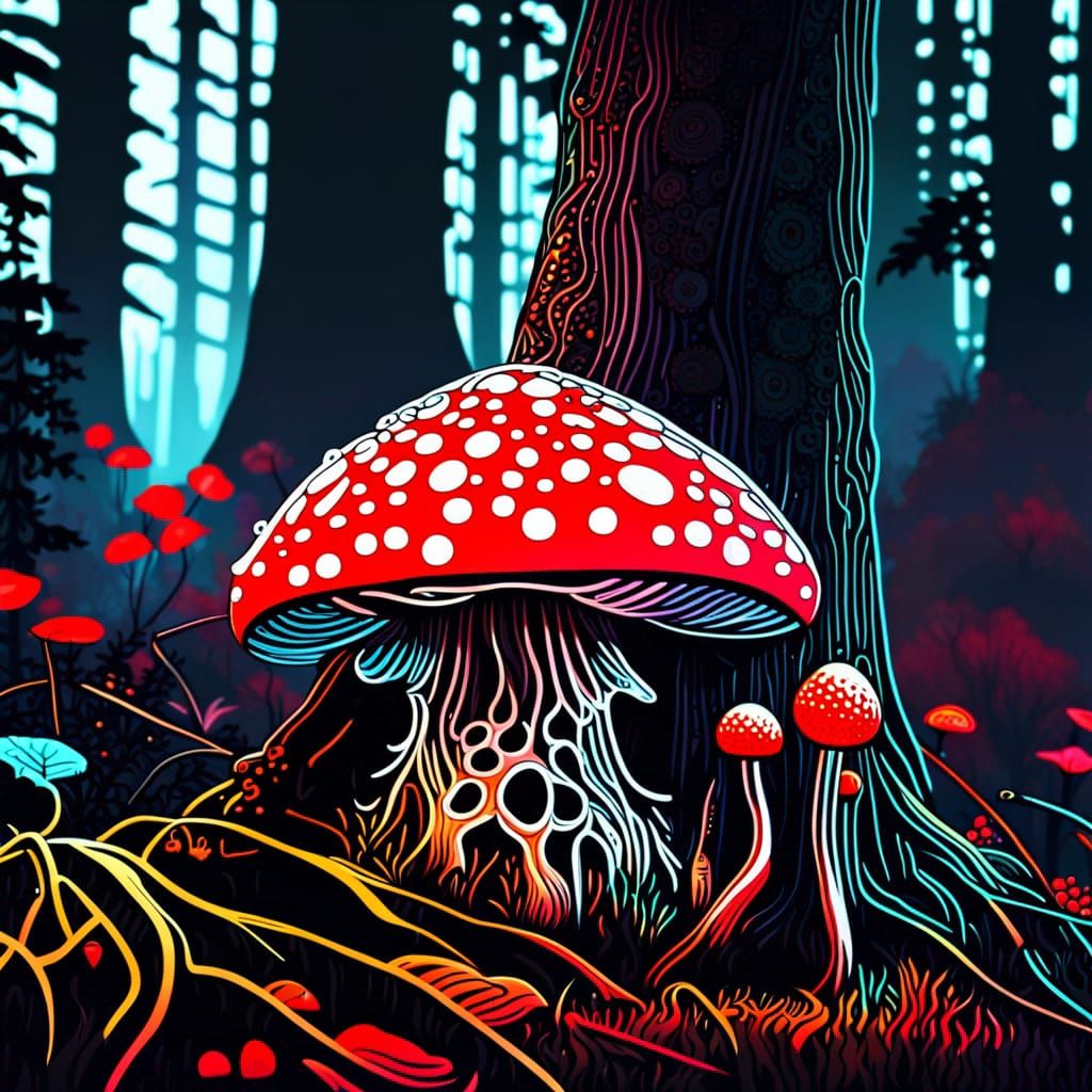Neon Fly Agaric Mushroom in Cyberpunk Forest