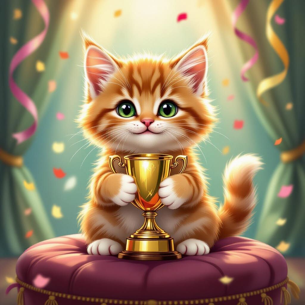 Cute Ginger Kitten Wins Golden Trophy in Whimsical Art Style