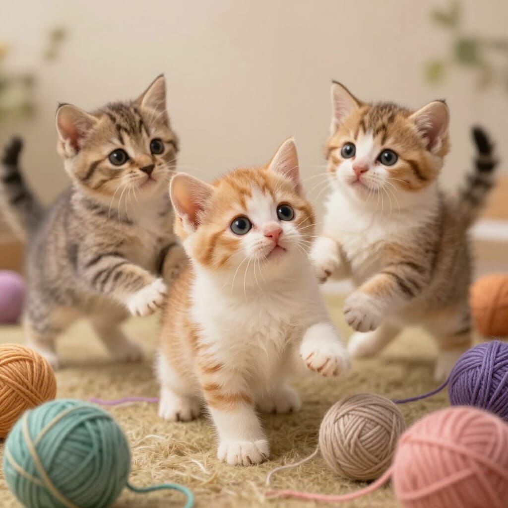 Adorable Fluffy Kittens Playing with Yarn Balls