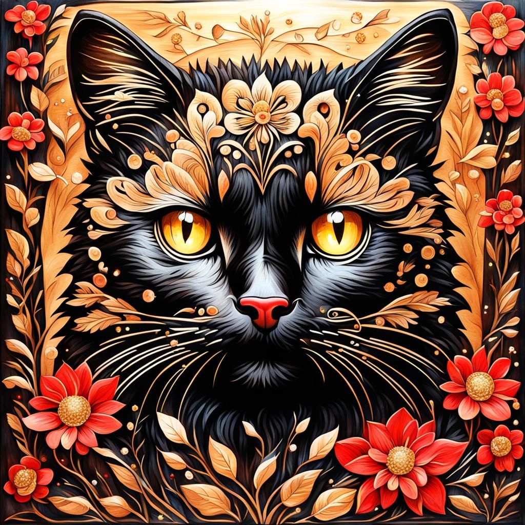 Black Kitty in Pyrography Style with Floral Accents