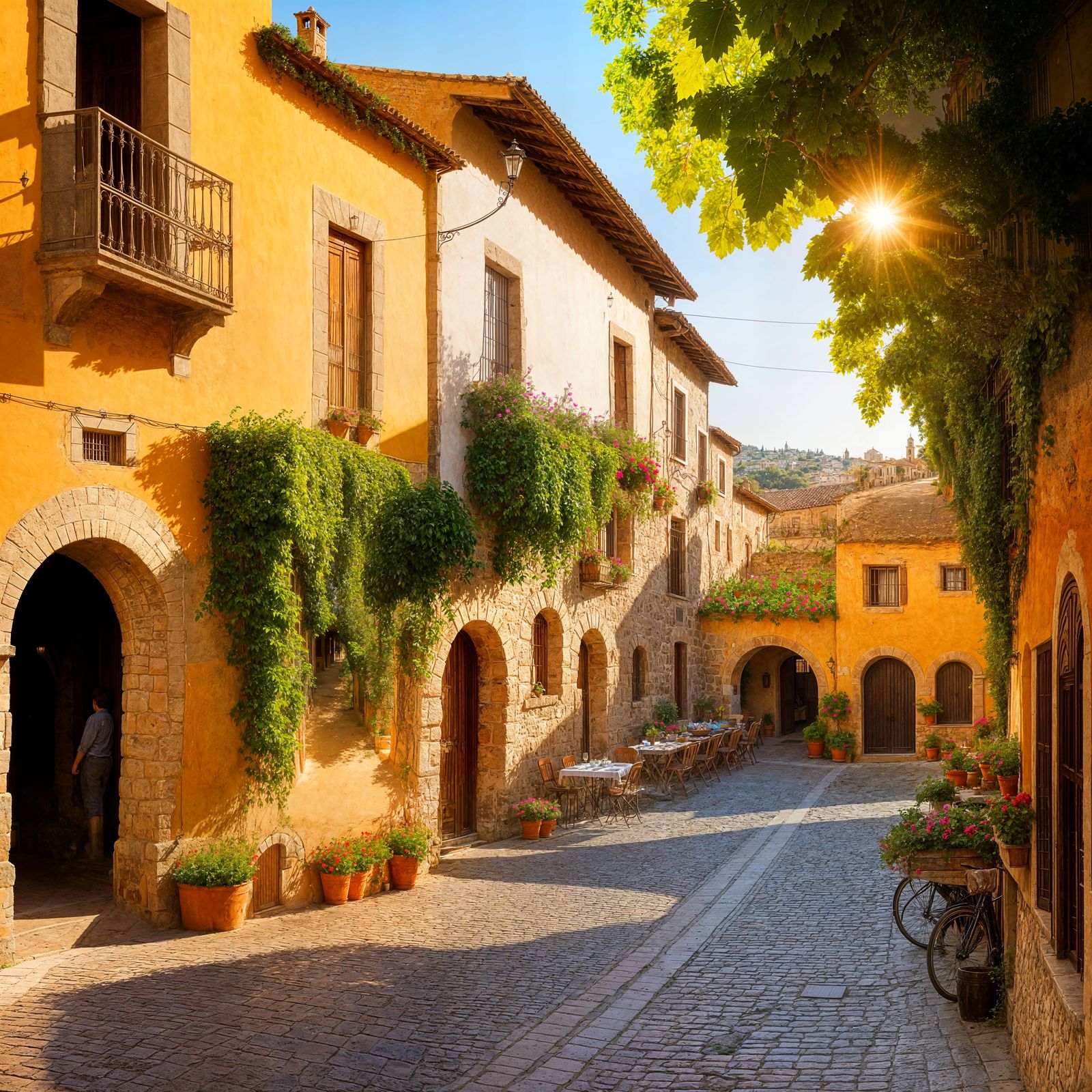 Vibrant Spanish Courtyard Scene with Vineyard and Old Buildi...