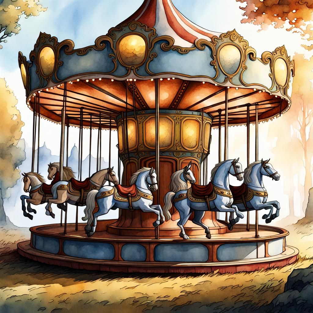 Carousel Horses in Surreal Landscape, Watercolor Style