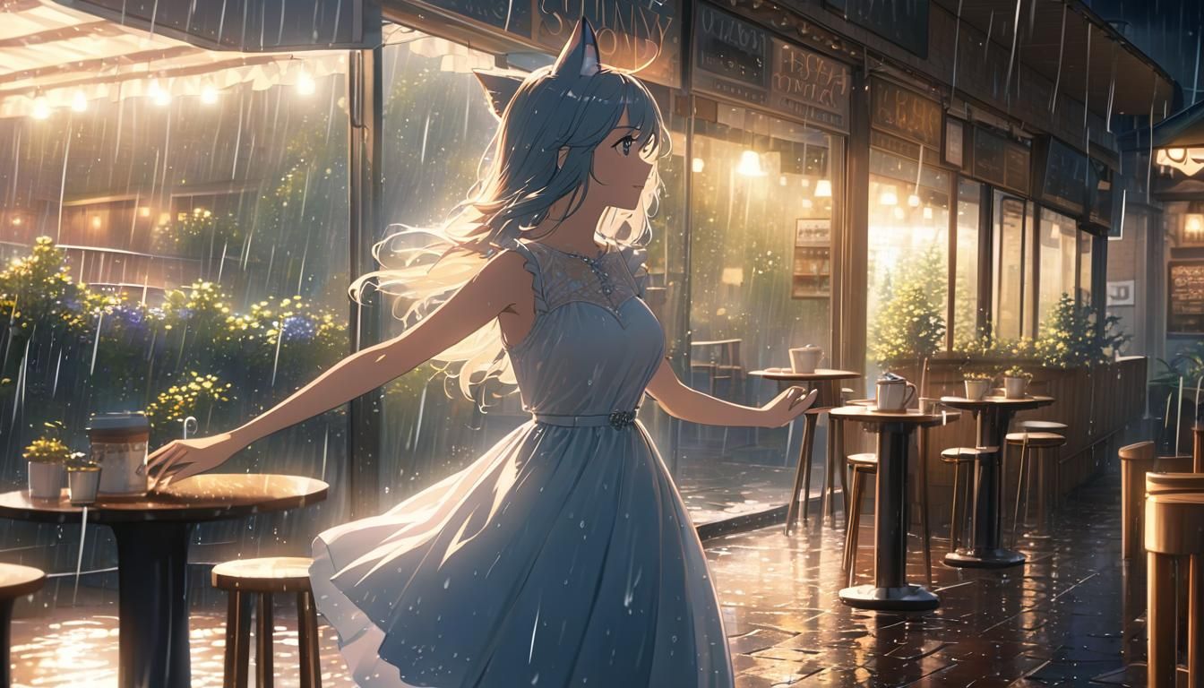 Anime Catgirl Dancing in Sunny Fantasy Coffee Shop Rain