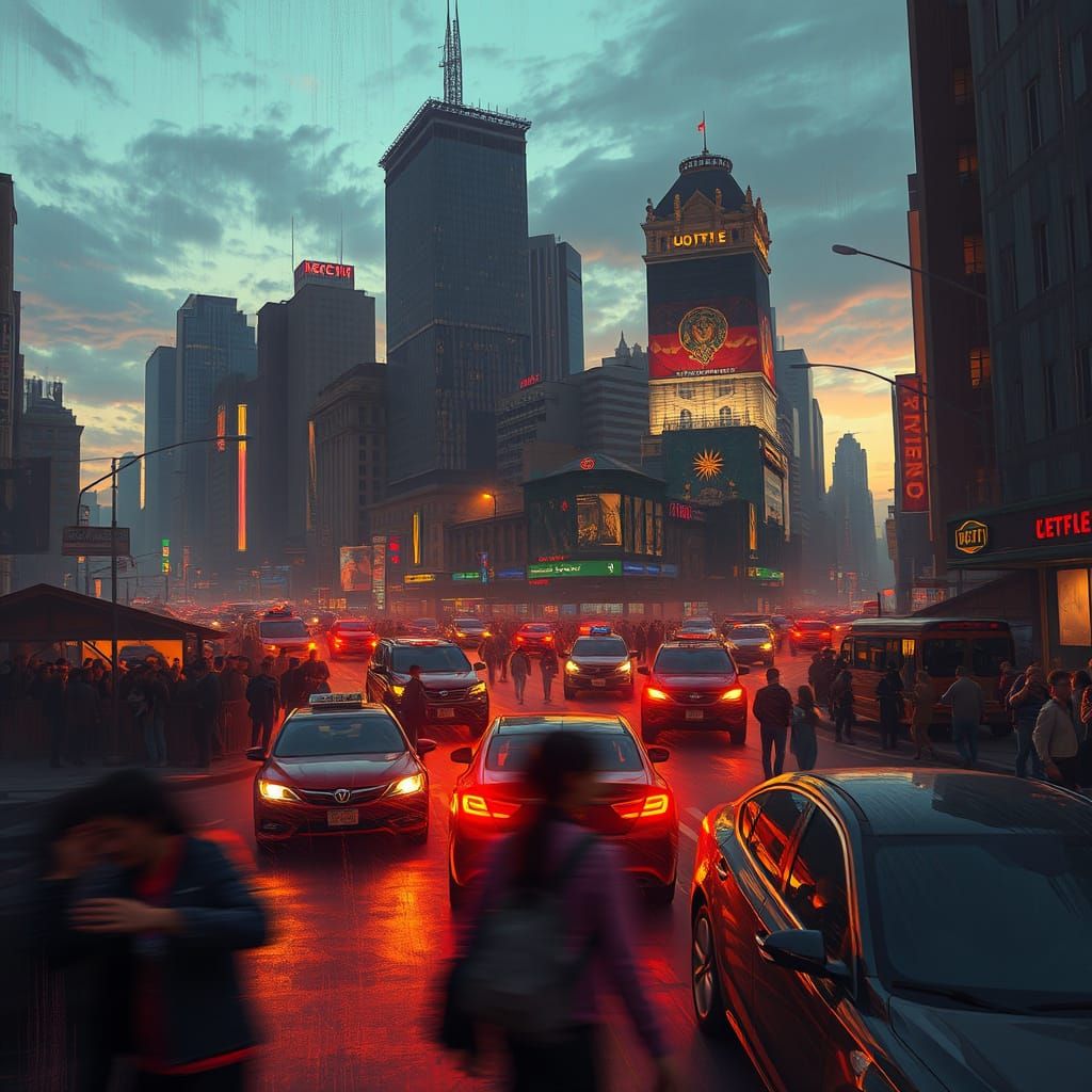 Chaotic Cityscape at Dusk in Digital Art Style