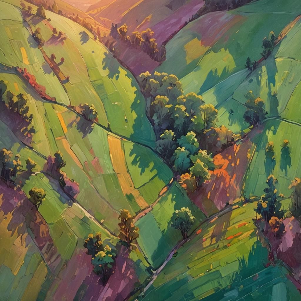 Warm Evening Sun Over Valley: Oil Painting