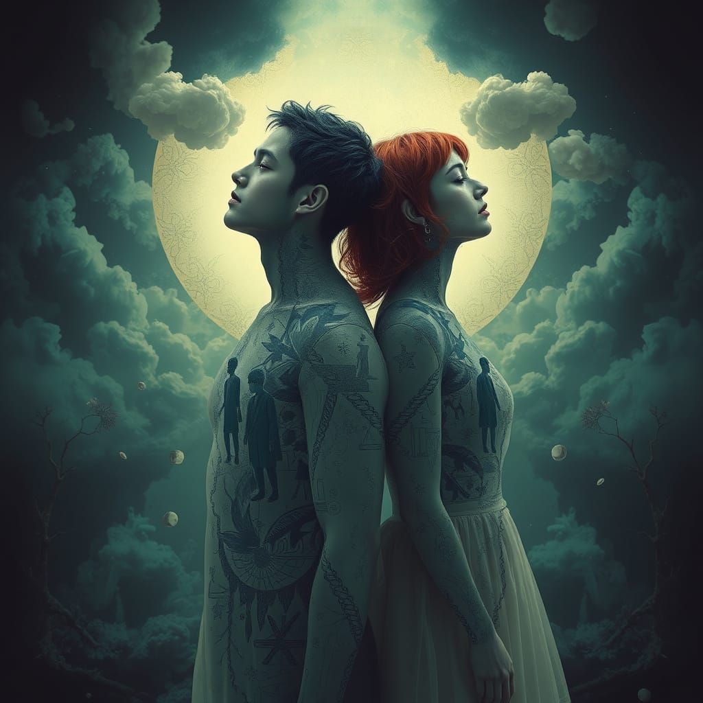 Couple's Ethereal Bodies Contain Gray Figures in a Dreamlike...