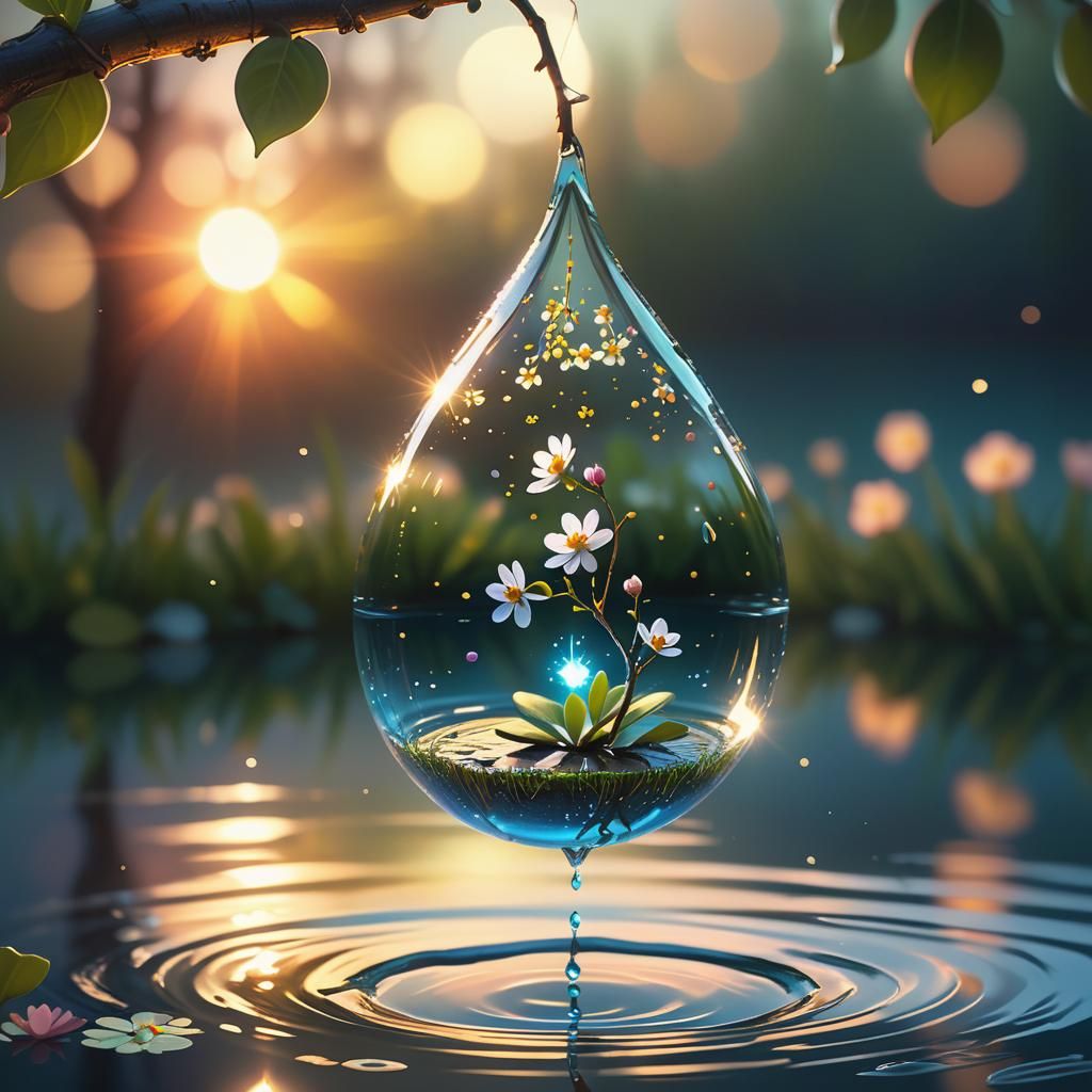 Seedling in Droplet at Sunset: Digital Art