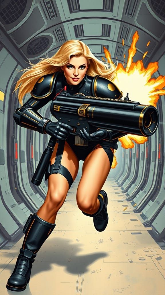 Blonde Pin-Up Heroine Runs in Power Armor