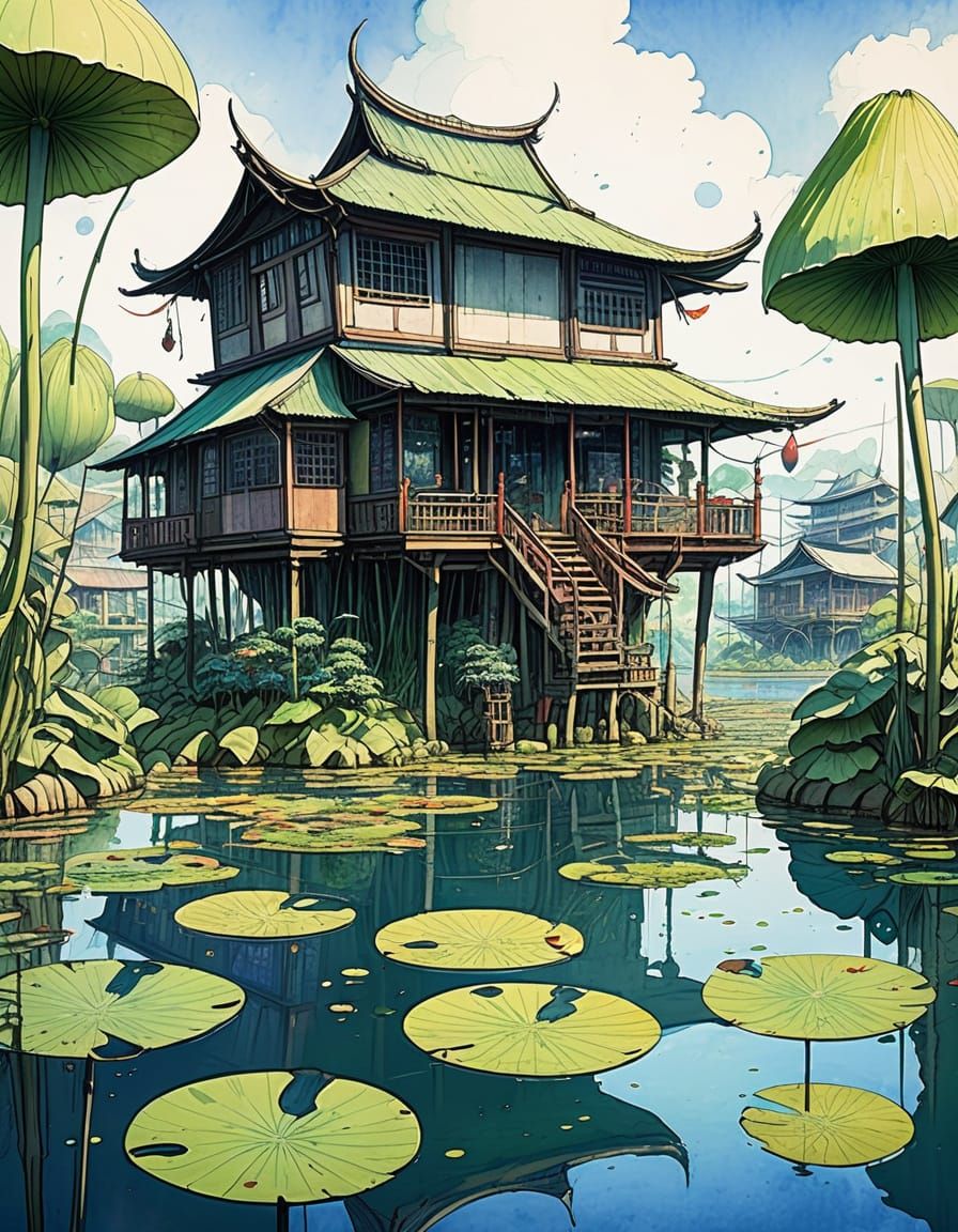 Fantastical Stilt Village on Lily Pads in Asian-Inspired Wat...