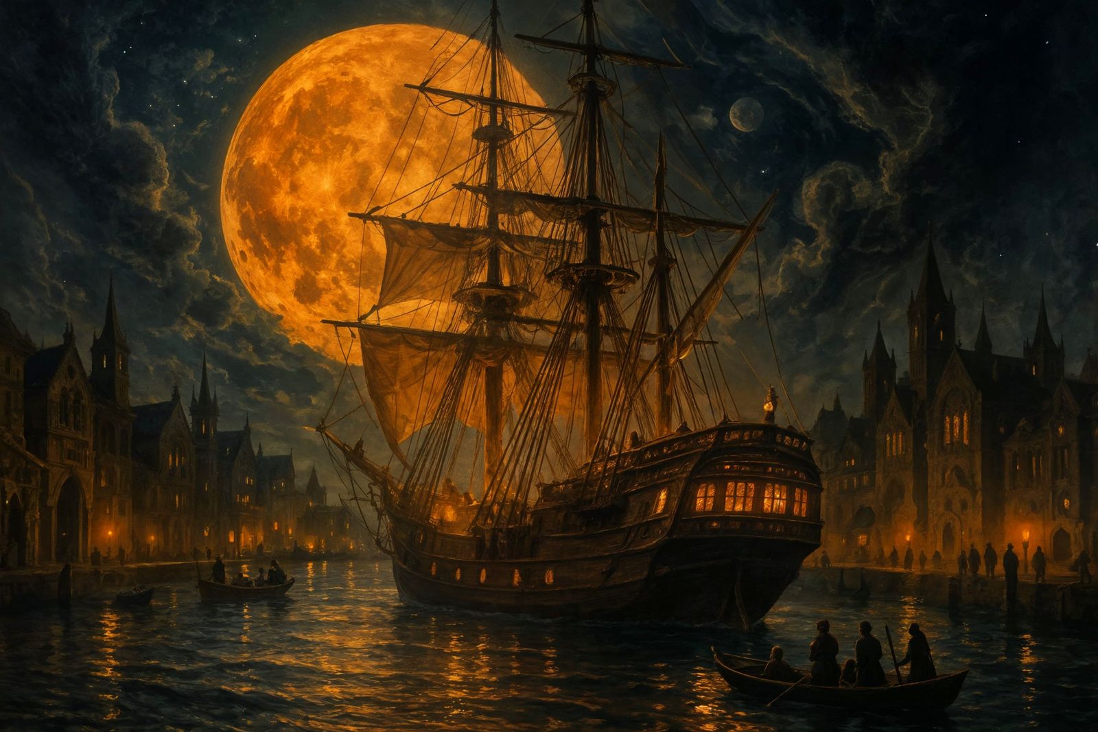 Majestic Wooden Sailboat Under the Lunar Glow
