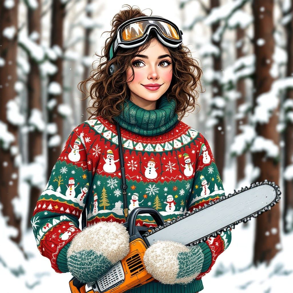 Woman with Chainsaw in Ugly Christmas Sweater