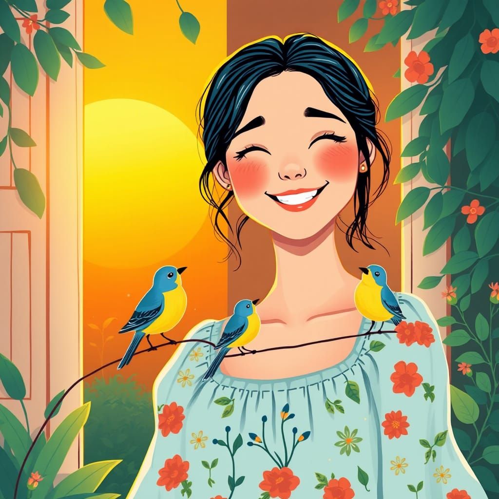 Woman, Birds, and Sunlight in Folk Art Style