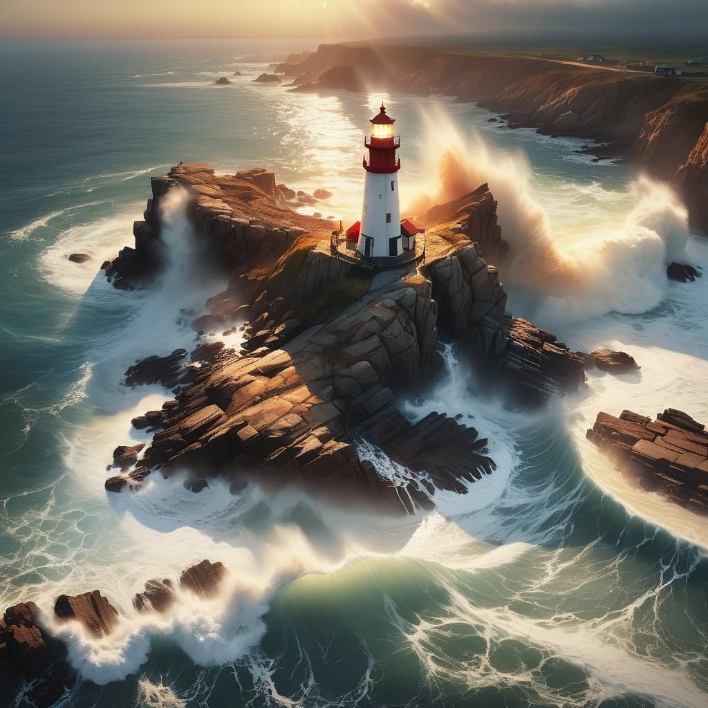 Sunset Lighthouse on Rocky Shore: Hyperrealistic Concept Art