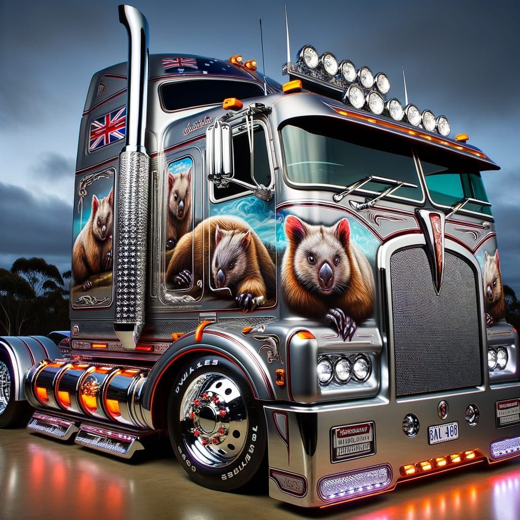 Vintage Australian Road Train with Wombat Motif in Retro Sty...