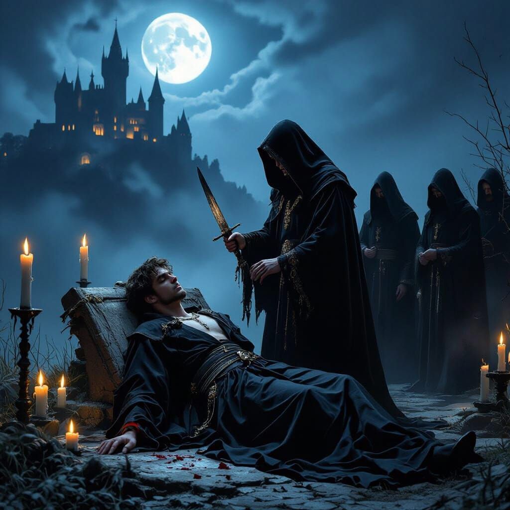 Gothic Ritual: Priest and Bound Man Under Moonlight