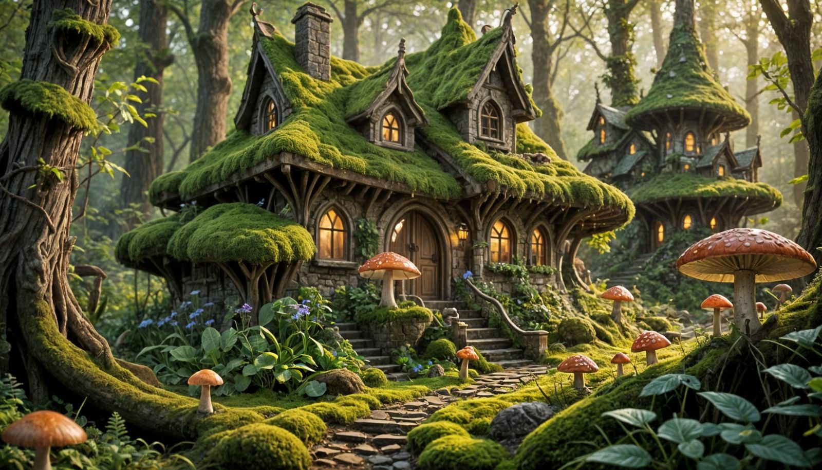 Whimsical Elven Cottage Amidst Bioluminescent Mushrooms