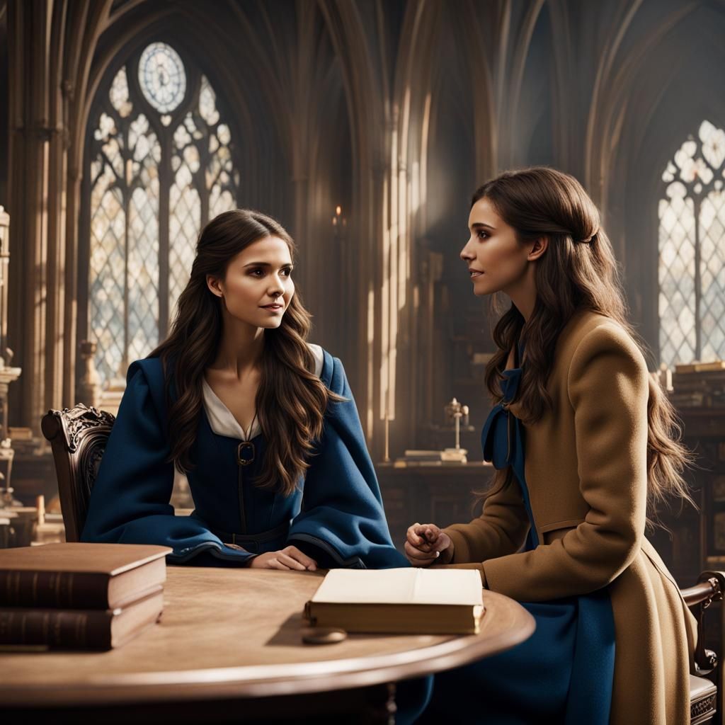 Nina Dobrev and Natalie Dyer in Ravenclaw Common Room
