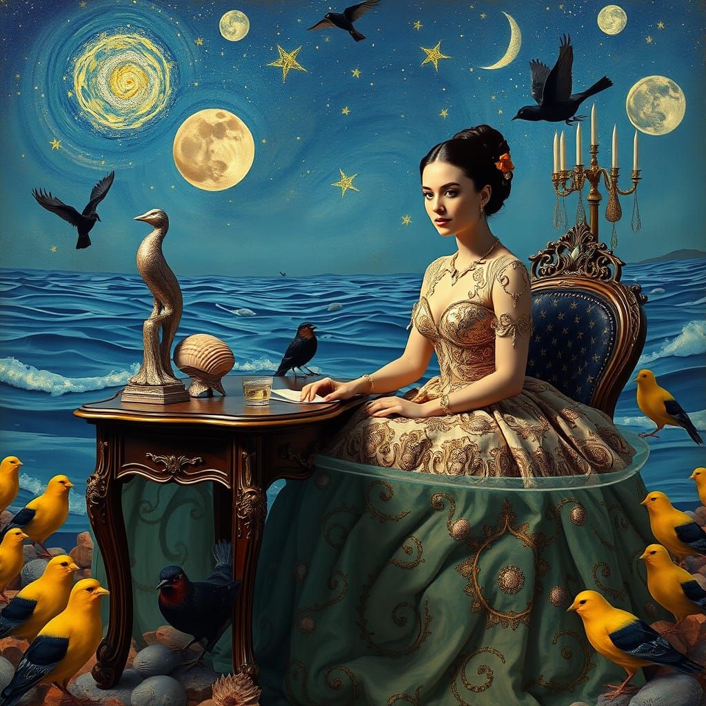 Woman in Klimt Gown at Desk in Dreamlike Ocean