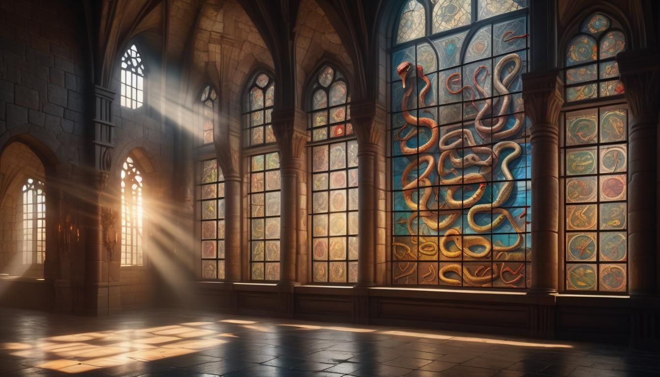 Stained Glass Window with Snakes in Castle Hall