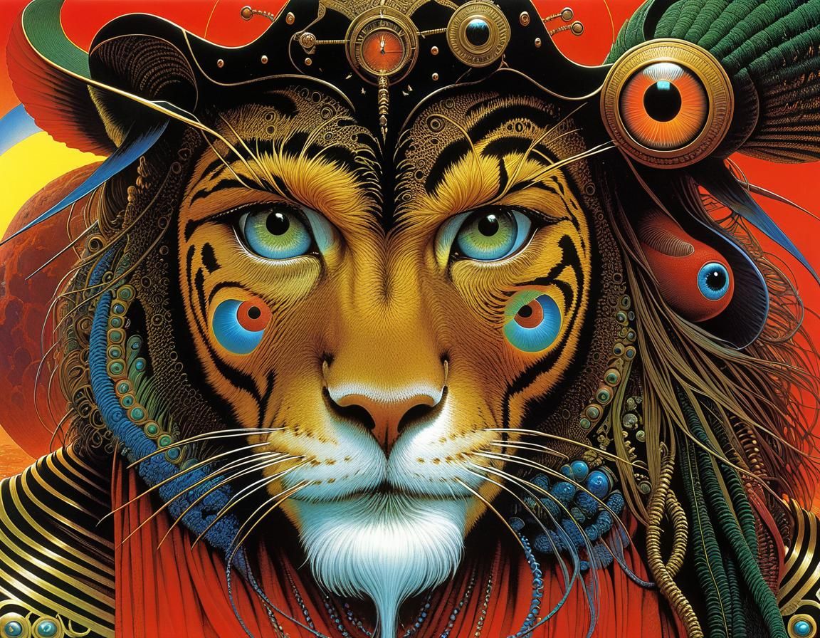 Surreal Peacock Lion in Vintage Style