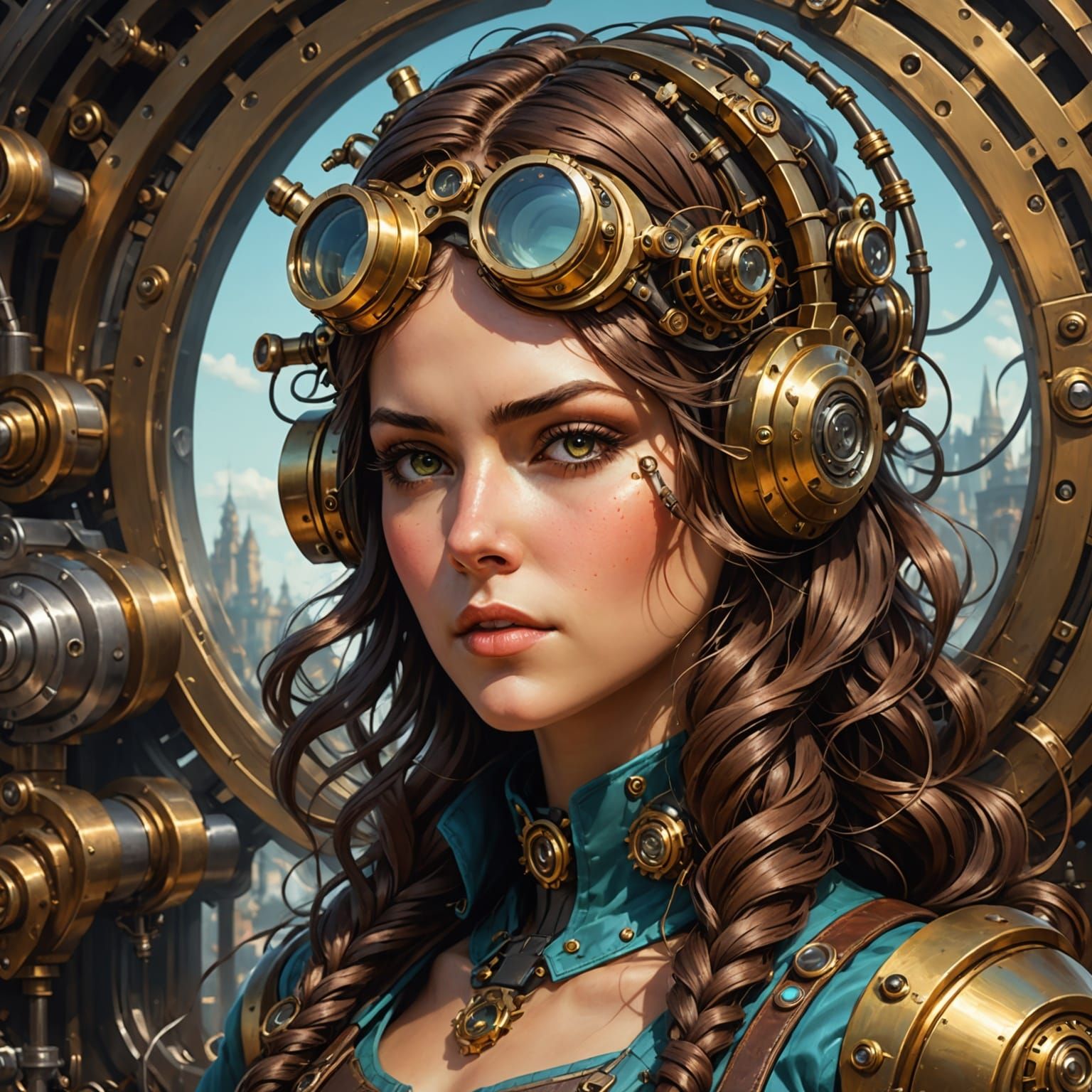 Steampunk Portrait with Gears and Wires Hair