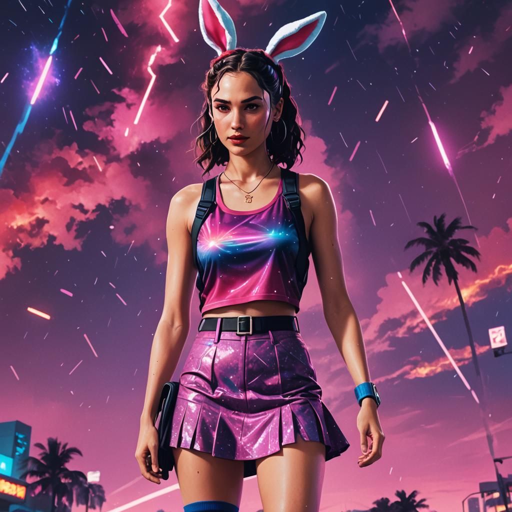 Retro Synthwave Girl with Braided Pigtails