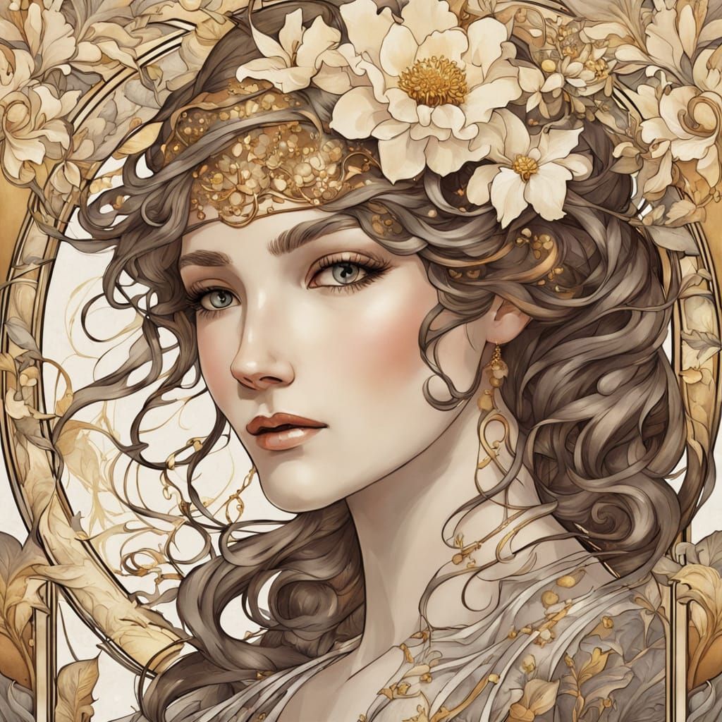 Elegant Art Nouveau Portrait of a Whimsical Woman