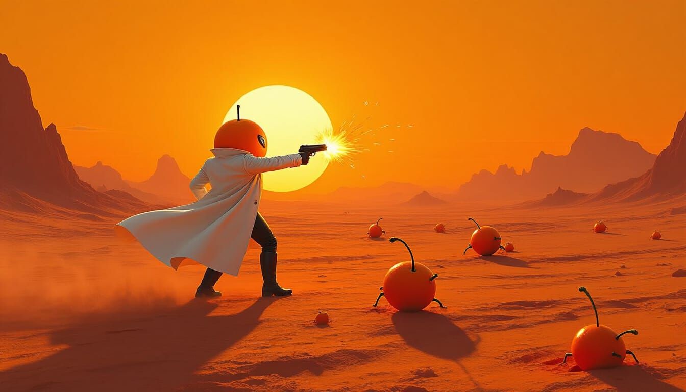 Anthropomorphic Orange Fights Bug Bombs in Alien Desert