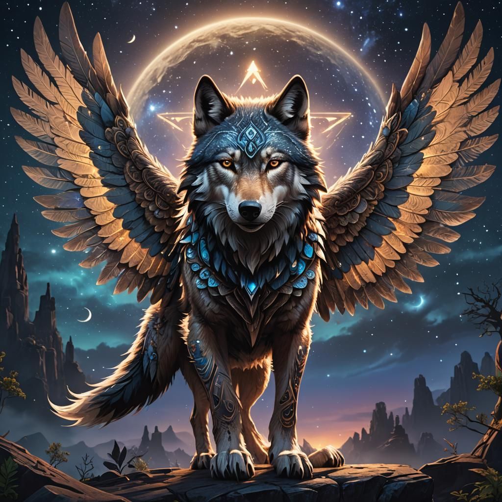 Winged Wolf with Tribal Markings in Starry Sky