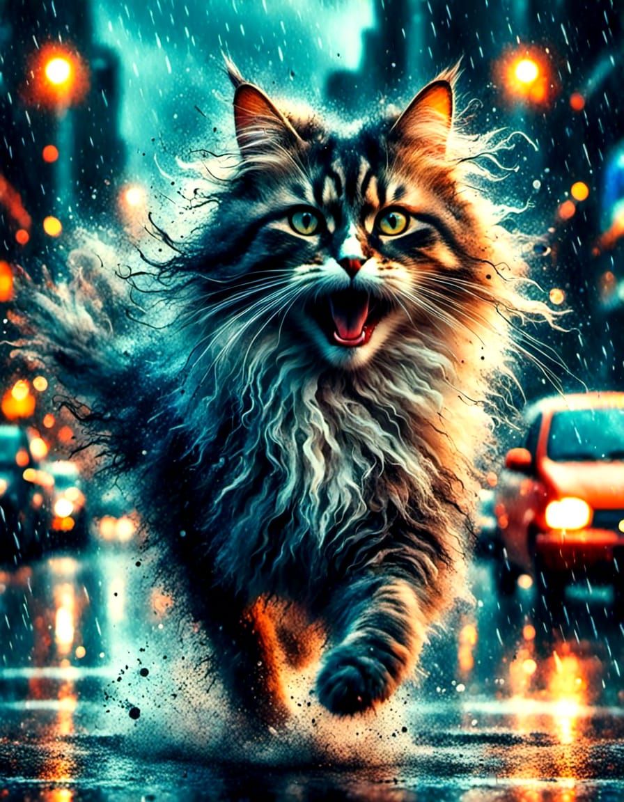 Happy Siberian Cat Runs in Rainy City